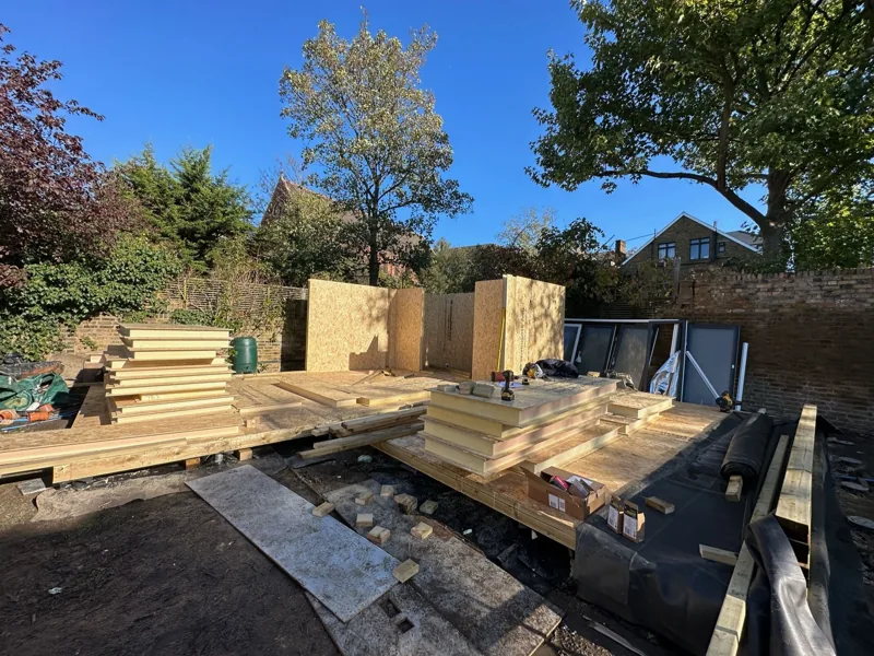 SIP floor and wall panels during assembly