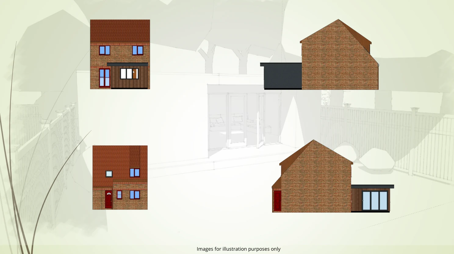 Original elevations showing the Harlow extension and its connection to the house