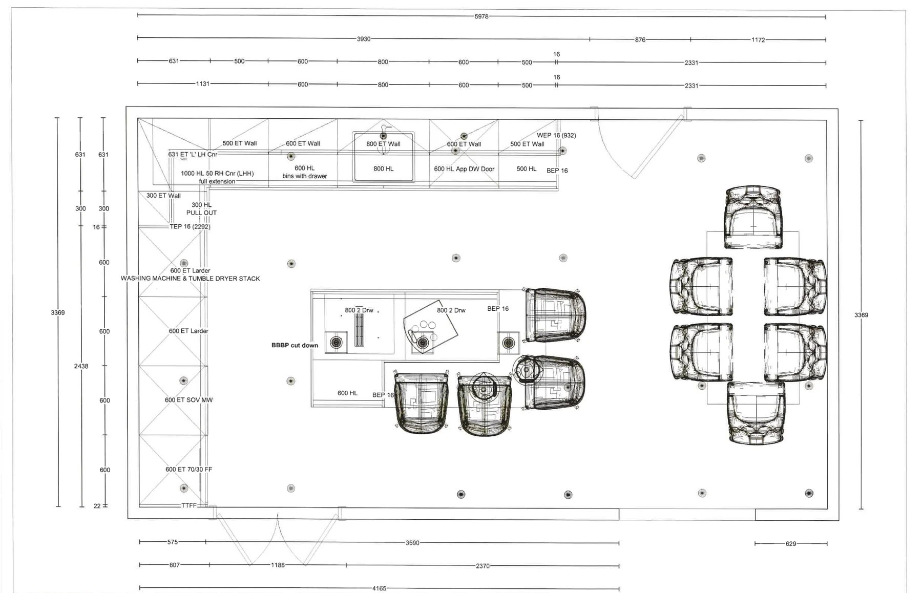 Original Howdens kitchen layout with an island, dining area and coordinated appliance storage