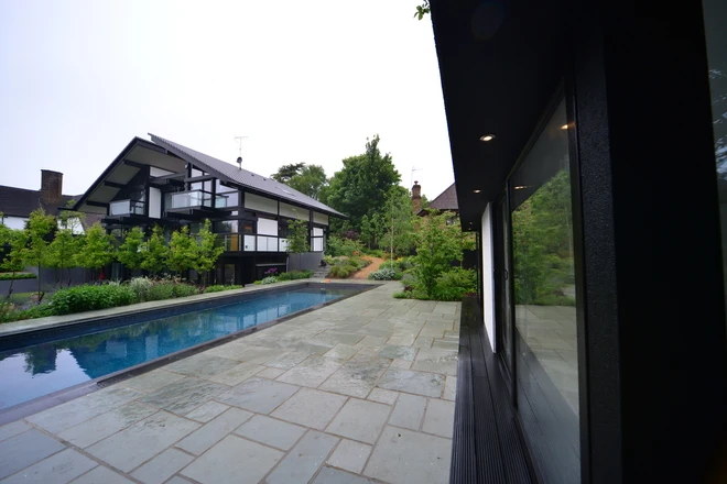 View from the garden building towards the pool and main house