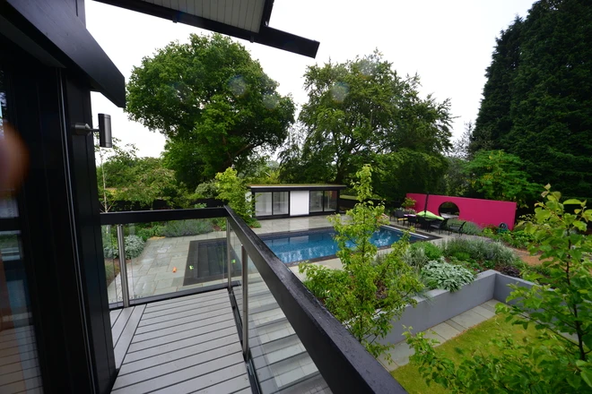 View from the main house towards the poolside garden building