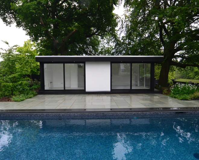 Front view of the Sevenoaks gym and office beyond the pool