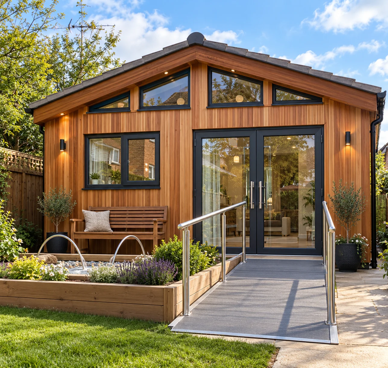 Illustrative cedar garden studio with a ramp and handrails