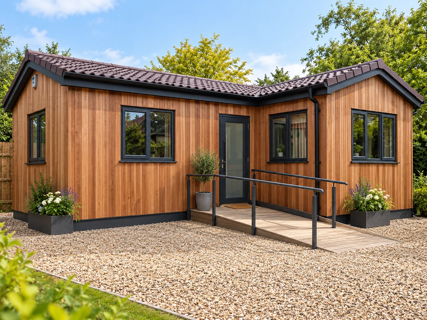 Illustrative L-shaped cedar annexe with ramp access