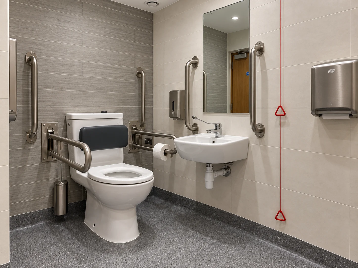 Illustrative accessible toilet with support rails and alarm cord