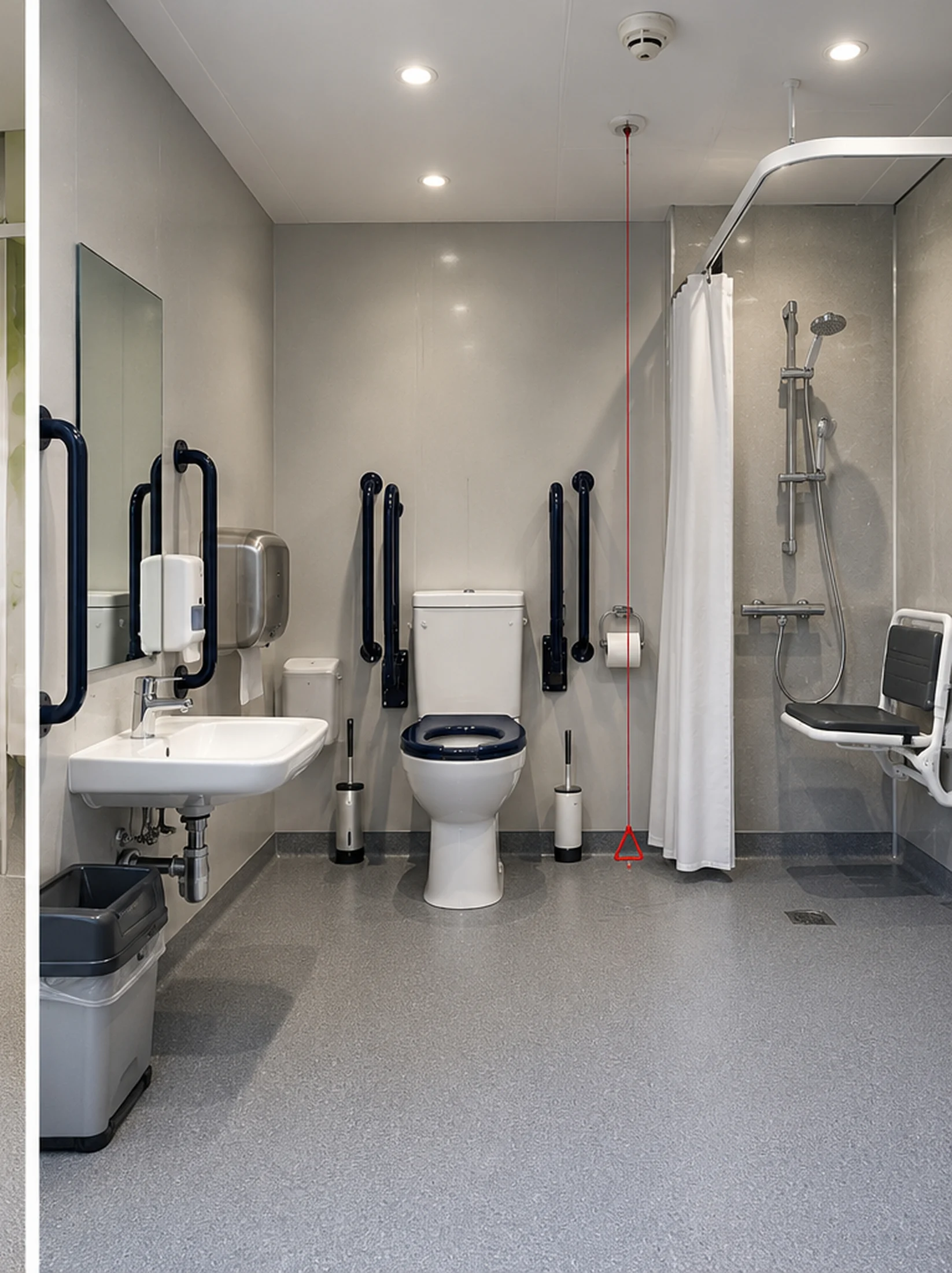 Illustrative level-access shower room with seat and support rails