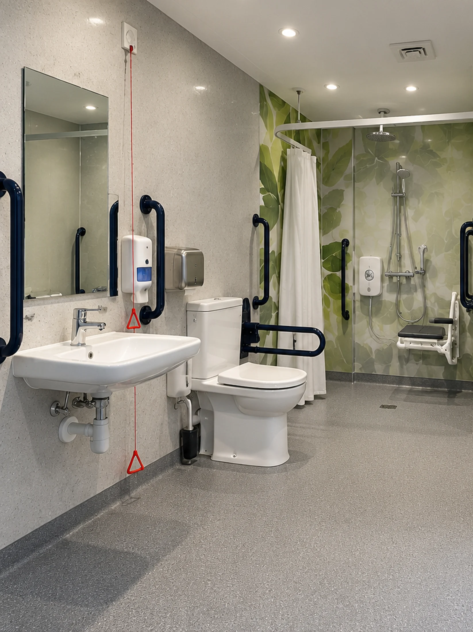 Illustrative wet room with contrasting rails and accessible shower