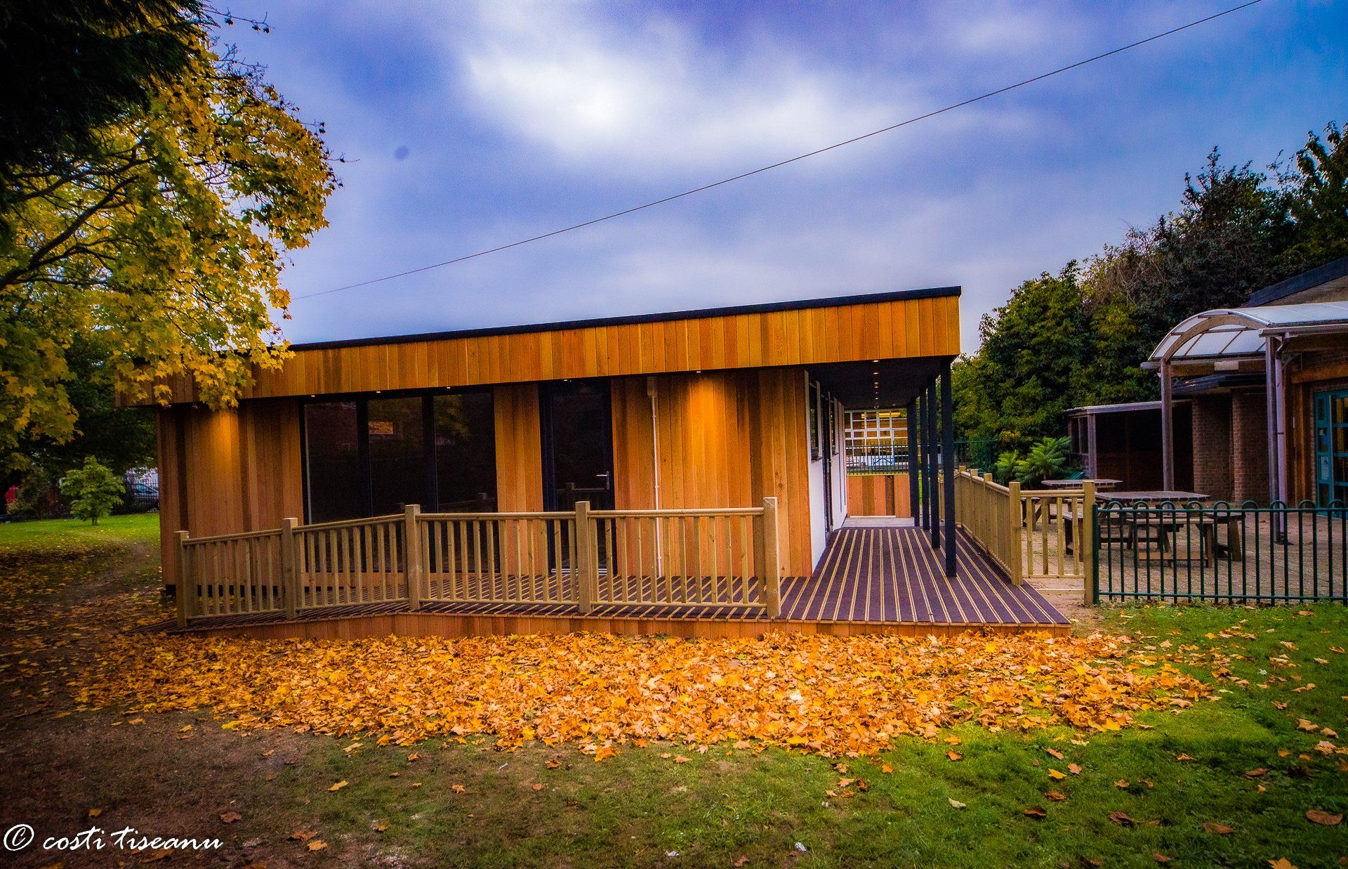 School classroom building with timber cladding and deck