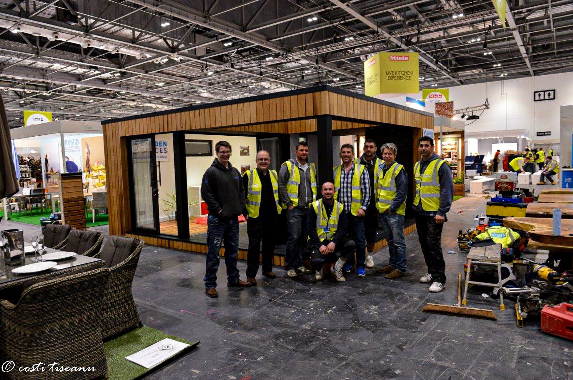 Installation team outside the completed exhibition building