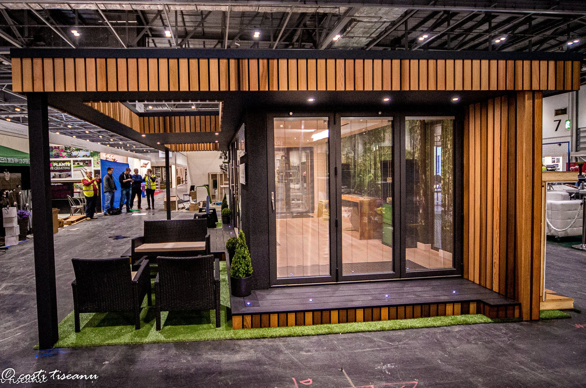 Wide glazed doors on a garden-room exhibition stand