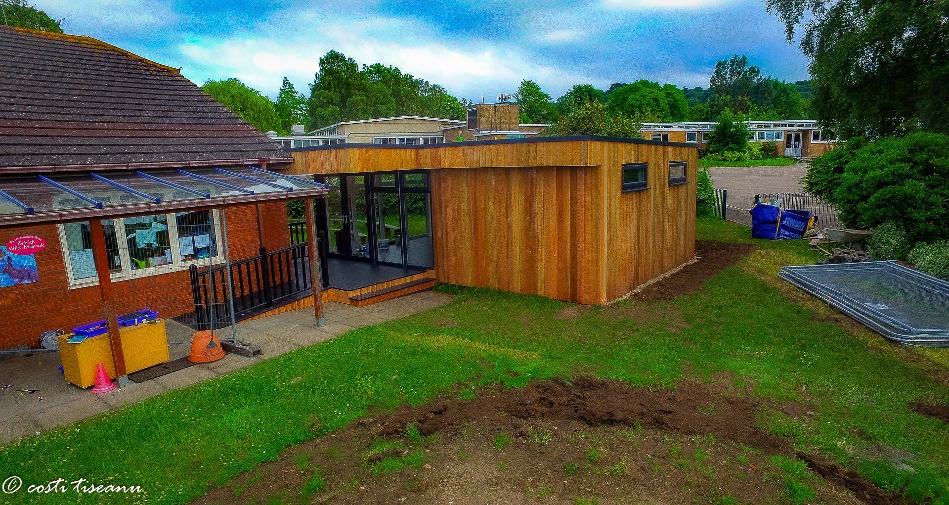 School building exterior with timber side cladding