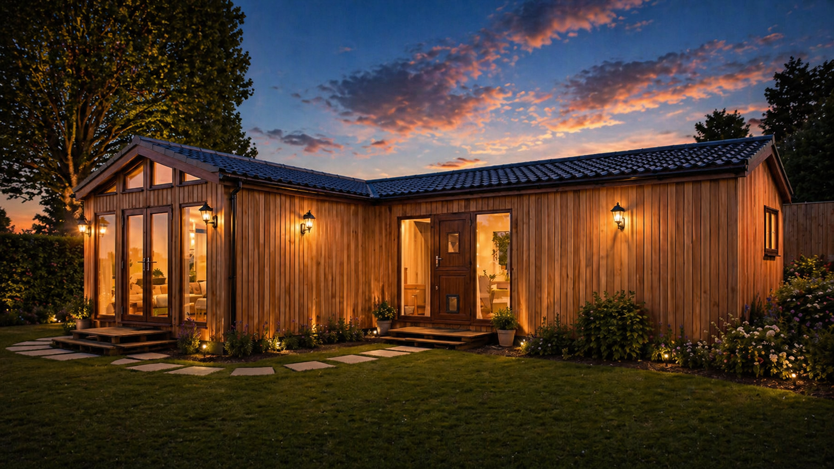 granny annexe Hertfordshire night view cladding