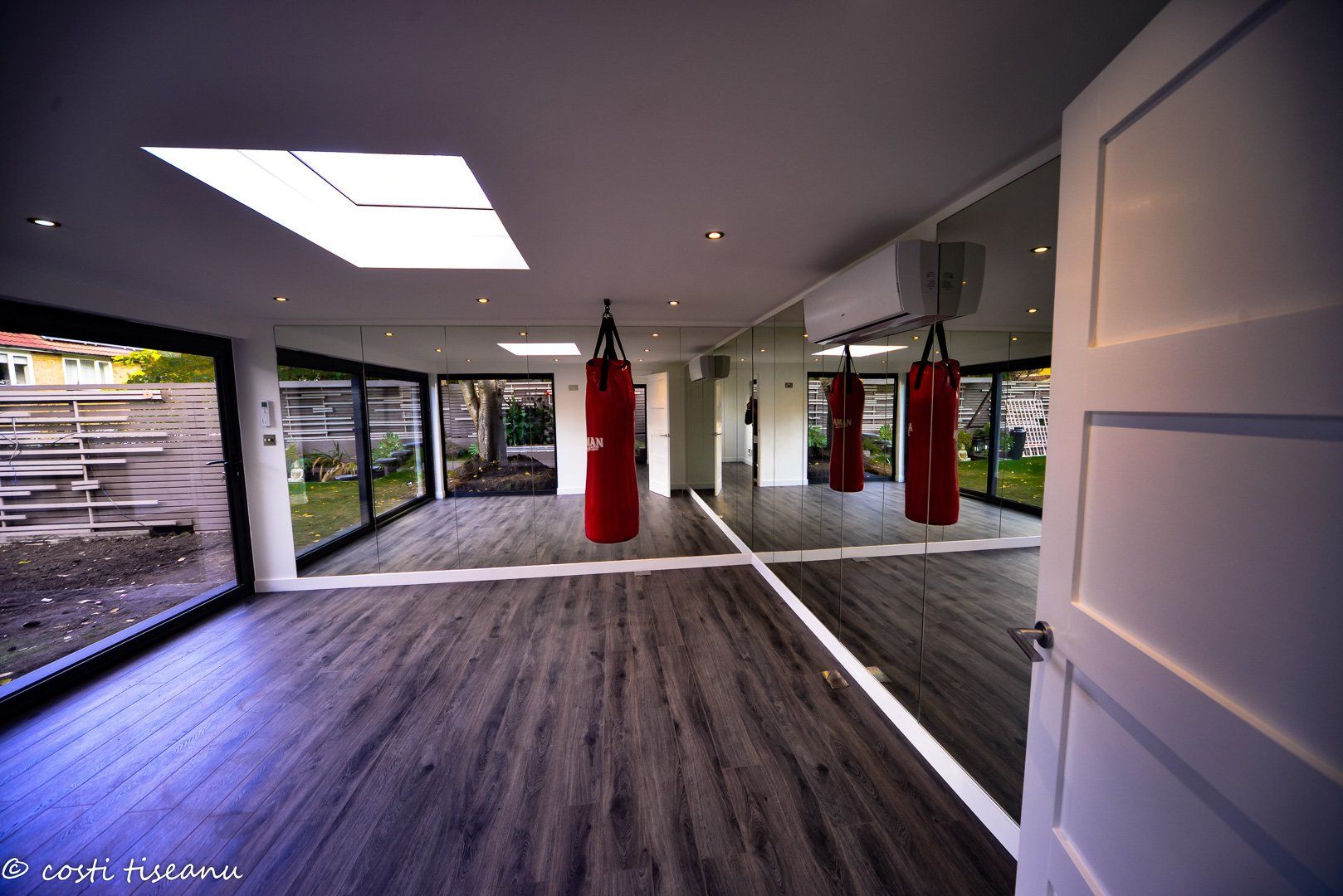 Garden fitness studio with boxing bags and a rooflight