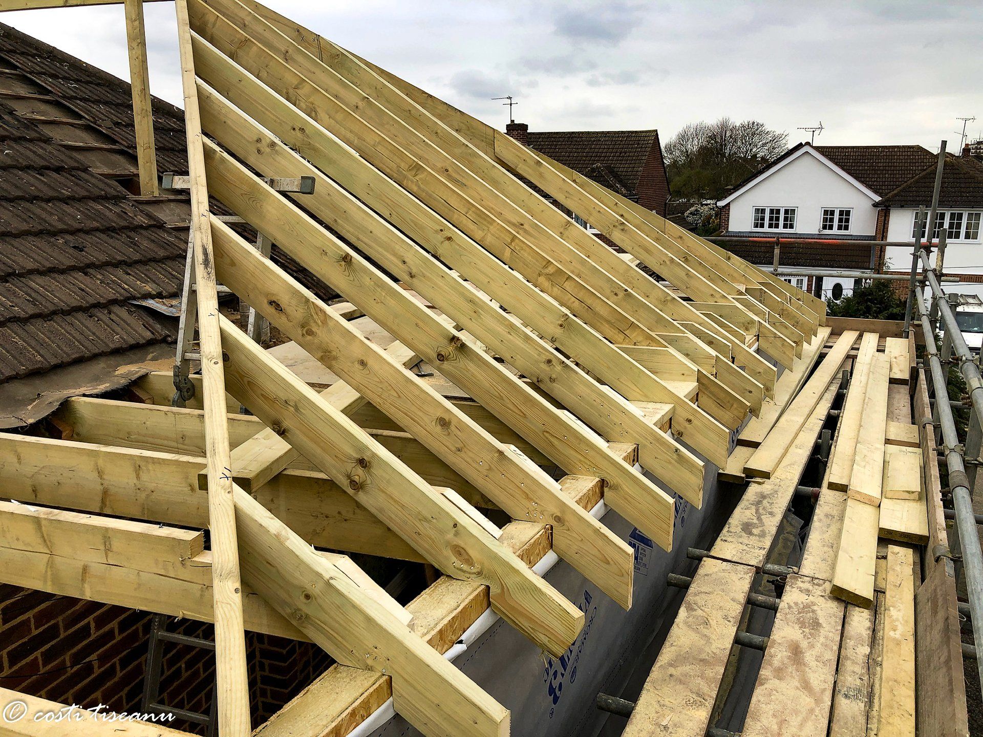Roof joists and structural framing during extension works
